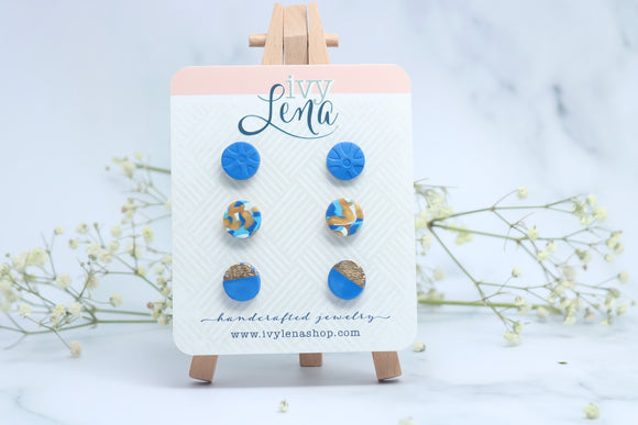 Handcrafted Polymer Clay 3 Pack Stud Earrings- Blue