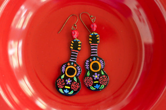 Hand Painted Polymer Clay Earrings- Guitar