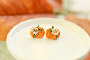 Handcrafted Polymer Clay Earrings- Floral Pumpkin Studs